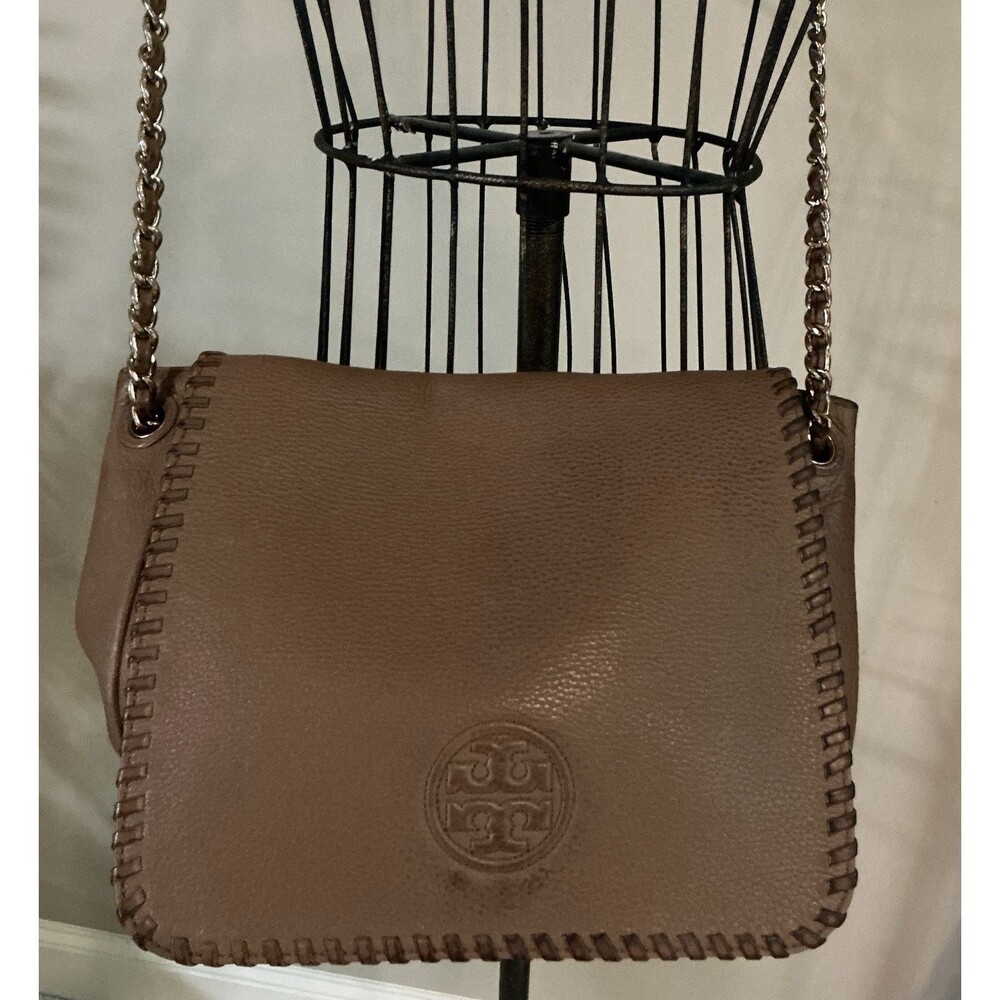 Tory Burch Marion Flap Bag Brown Pebbled Leather Handbag